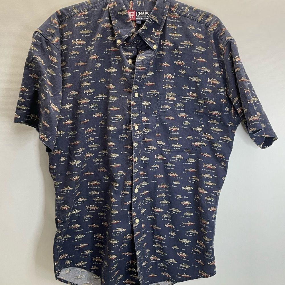 Chaps Ralph Lauren Vintage Cotton Button Down Short Sleeve All Over Fish Size M